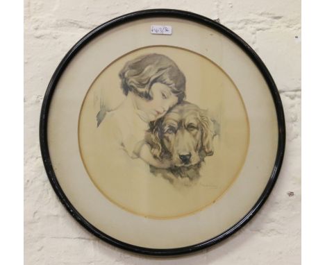 An early 20th century circular print in ebonized frame. Portrait of a young girl and a hound. 