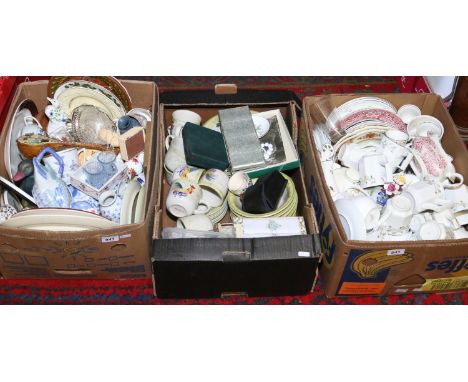 Three boxes of miscellaneous including a Royal Doulton part tea service, Royal Albert, blue and white, Wedgwood, costume jewe