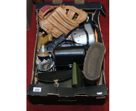 A box of collectables including two pairs of cased vintage binoculars, a leather baseball glove, a German stein and a boxed L