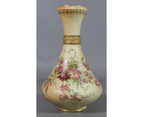 A Royal Worcester blush ground vase of waisted form. With moulded banding to the rim and colour and enamelled with loose bouq