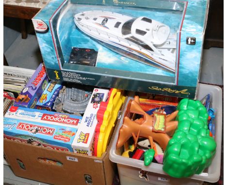 Two boxes of childrens toys and board games along with remote control Sundancer speed boat.