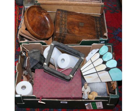 Two boxes of miscellaneous to include Victorian rosewood writing box, pictures and mirror, light shades, turned mahogany frui