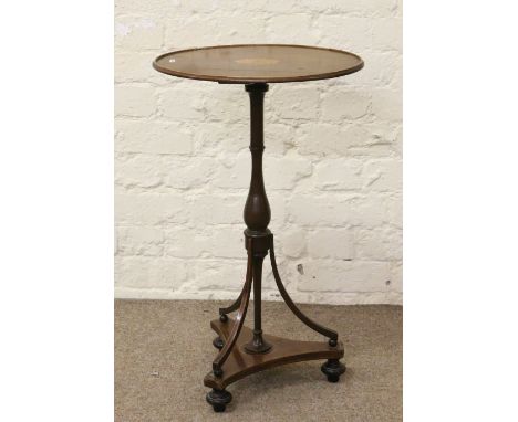 A Sheraton Revival inlaid mahogany occasional table raised on tripod base (AF).