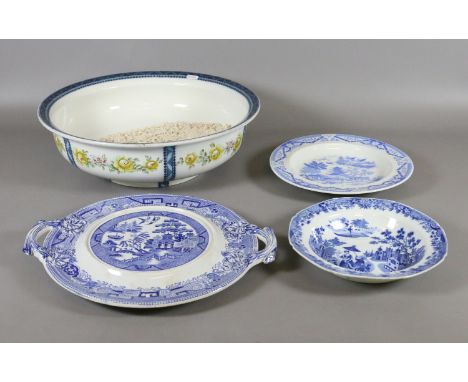 An Edwardian pottery wash basin, a Willow pattern tongue stand, Spode Queen of Sheba soup plate and a Grainger & Co Worcester