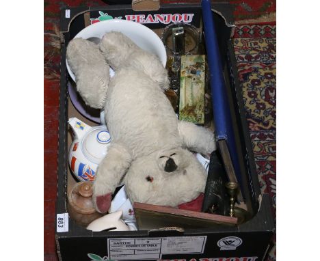 A box of mixed china, ephemera and collectables to include a teddy bear and a bound copy 'Animal World'.