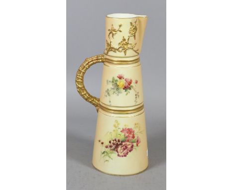 A tapering Royal Worcester blush ware jug, moulded with prunus blossom and enamelled with flowers, puce mark.