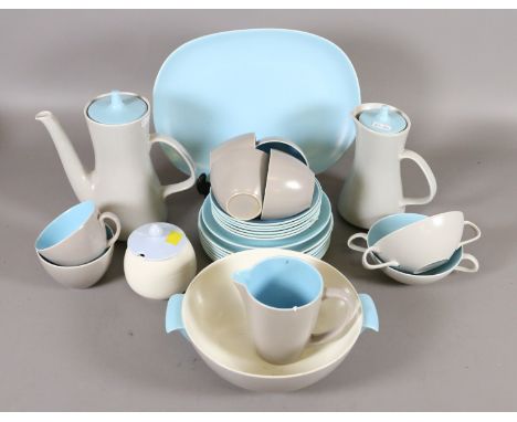 A lot of Poole part tea/coffee and dinner services including teapot, coffee pot, saucers, coffee cups, side plates, etc (appr