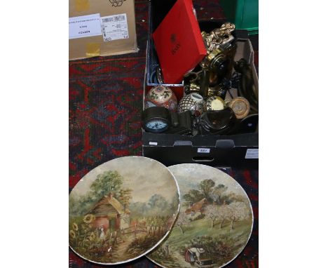 A box of miscellaneous including brass stick telephone, football sculpture, ginger jar and a white metal dressing table set.