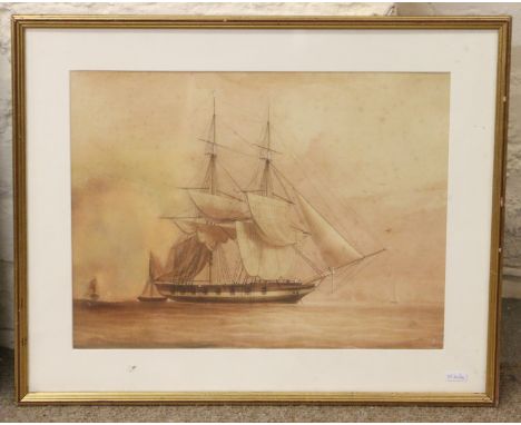 A gilt framed sepia monochrome watercolour seascape with a clipper and other boats.