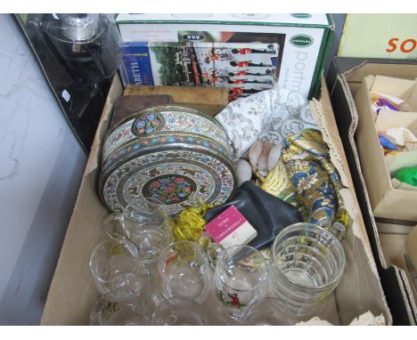 A Portmeirion Dish, books, Middle Eastern wall hanging, tins, glassware, Adam and Eve compact, Ingersol pocket  watch, alabas
