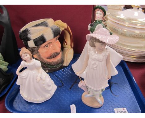 Coalport 'Winter Stroll', Nao Girl with Umbrella, Doulton Girl and 'The Trapper' character jug. (4)