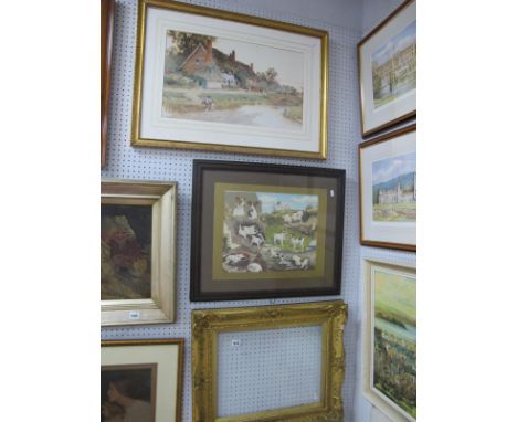 A XIX Century Gilt Picture Frame Aperture, 35 x 45cm. Terrier montage print, Claude Strachan print. (3)