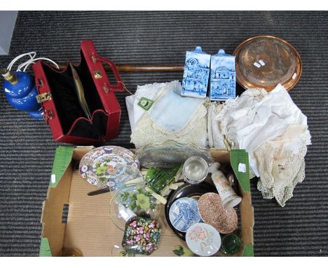 Vintage Linen Doilies, ladies leather case, table lamp, repro copper warming pan:- One Box.
