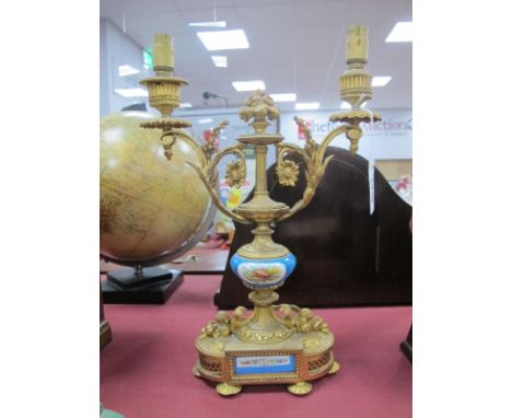 A XIX Century French Ormolu Two Branch Candlestick, (converted) base with Sevres panel. 