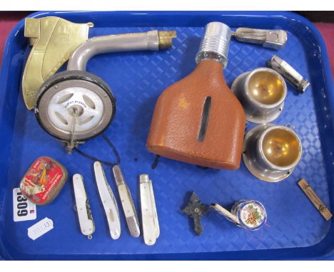 Small Collectables, including mother of pearl penknives, cigar cutters, Stanhope, flask, mother of pearl Sheffield 78rpm soun