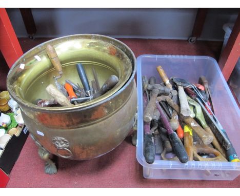 Draper, Stanley, Shelly, Elora and Other Tools, in brass log cauldron and box.