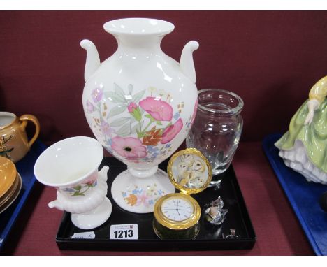 Ashford Bone China Table Clock, Wedgwood 'Meadow Sweet' vase, glass vase with engraved decoration.