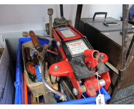 Stanley Hand Drill, saws, hammer, other tools, Draper mini hydraulic floor jack.