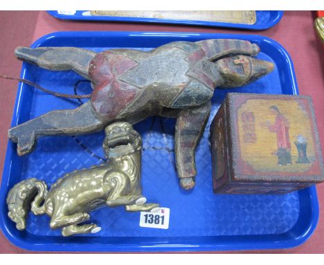A Brass Temple Lion, 15cm wide. Chinese themed tea caddy. Wooden clown puppet.