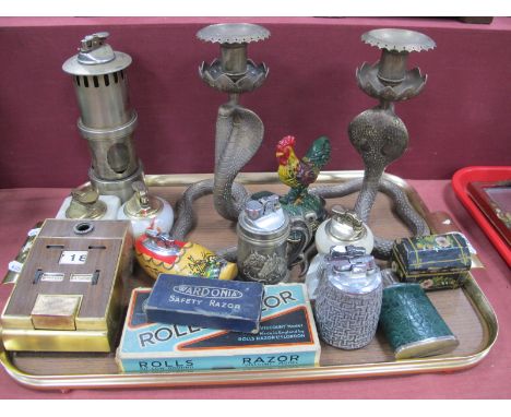 A Tray of Interesting Items, to include c.1960's desk calendar, cobra candlesticks, hip flask, table lighters, etc..