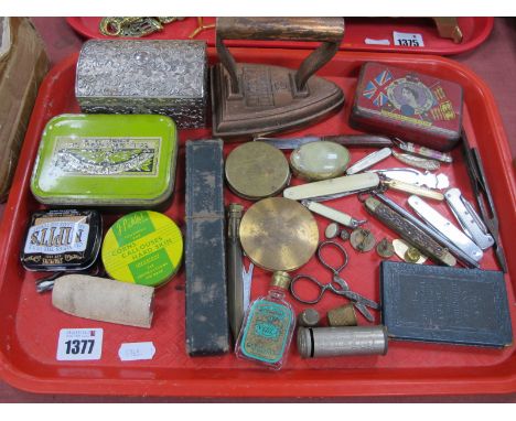 Pen Knives, tins, tuning fork, razor, flat iron, etc:- One Tray