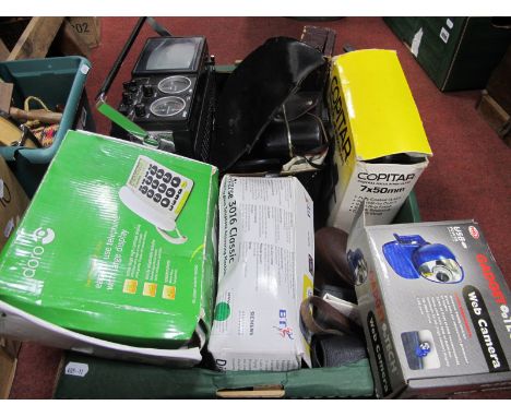 A Glass Oil Lamp, paraffin lamp along with a Crown Radio Corporation portable tv, telephone, binoculars, etc.