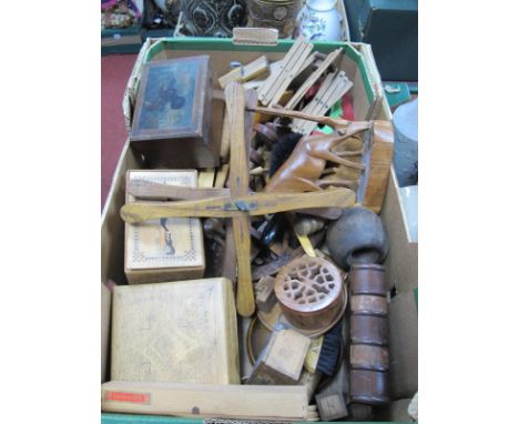 A Patent Racket Press, Dewhurst cotton reels in a box, nutcracker, other boxes:- One Box.