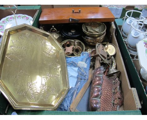 A XX Century Copper Hand Beaten Pipe Holder, brass bowls, brass bell, etc:- One Box.