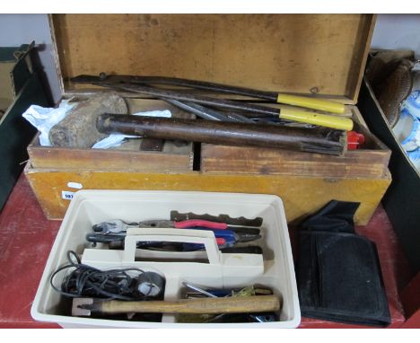 Tools - bench clamp, Whitmore chisels, Stanley shaper, Record monkey wrench, etc in wooden box.