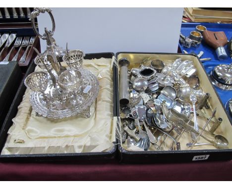 A Plated Egg Cruet, together with a box containing caddy spoons, plated cruet set, spoons, salt pepper.