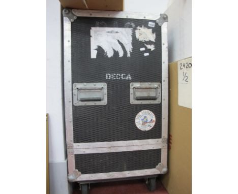 A Decca Transporting Speaker Storage Unit, with metal edges four corners, simmons type fasteners, on wheels, 100cm high, 68 x