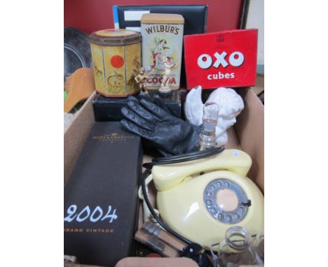 NT Cream Bakelite Telephone as a Table Lamp, tins, books, clothes, pegs, etc:- One Box