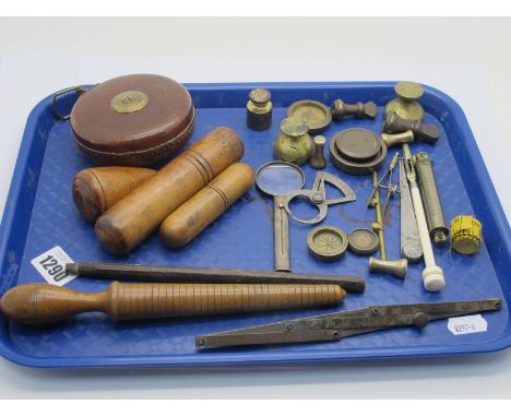 A XIX Century Treen Ring Sizer, J Rabone &amp; Sons brass spirit level (cased), early XX Century brass tyre gauge, weights, e