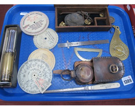 C. H Co London Pendulum Letter Scale, Otis Kings patent calculator, XIX Century sovereign scales, compass:- One Tray.