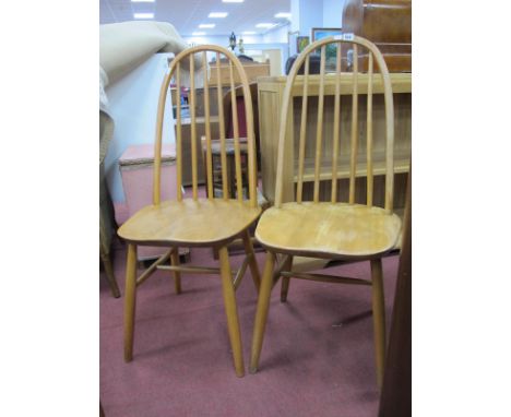 A Pair of Ercol Style Lightwood Dining Chairs, each with five spindles, to hoop back.