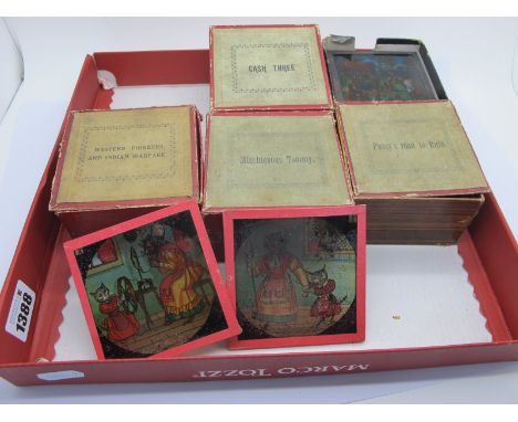 Five Sets of Twelve Each Victorian Magic Lantern Slides, in original boxes, titles include "Pussy's Road To Ruin", "Mischievo