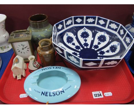 A Tray of Various Ceramics, to include unpainted Crown Derby bowl (faults), stoneware jug, carriage clock, crested ware, etc.
