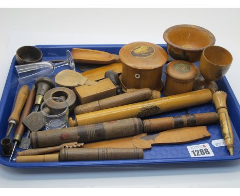 XIX Century Mauchline Ware Ruler, caddy spoon, egg cup, etc, needlework cases, etc:- One Tray.