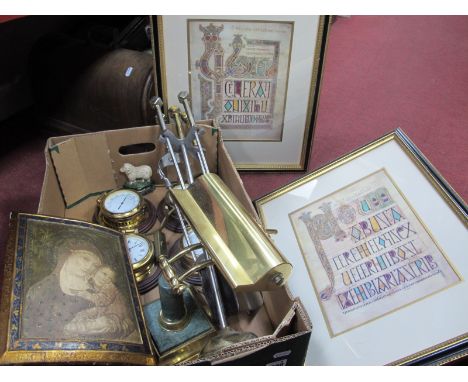 A Brass Desk Lamp, barometer, clock, hygrometer, thermometer, pair of prints, Mary Jesus on board, fire irons, etc:- One Box.