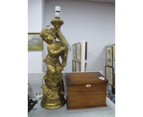 An Early XX Century Stationary Box, with fitted interior, 27cm wide, gilt table lamp as a cherub.