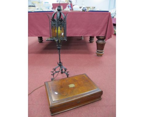 Iron Tripod Brass Table Lamp, 84.cm high, Rodgers mahogany canteen box.
