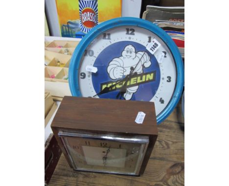 Michelin Wall Clock, together with a walnut cased Smiths sectric mantle clock. (2)