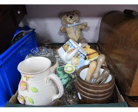 Arthur Wood Jug with Floral Decoration, biscuit barrel, corkscrew, Royal Doulton figurine group 'First Love, etc:- One Tray. 