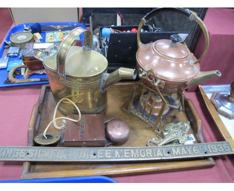 Manning Bowman Copper Kettle on Brass Stand, brass watering can, door knocker, trade wall bell, 1935 brass plaque.