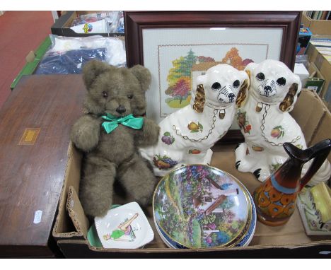 A Chad Valley Chiltern Teddy Bear, pottery dogs, tapestry, plates, ashtrays,etc:- One Box, together with a Walnut Box.