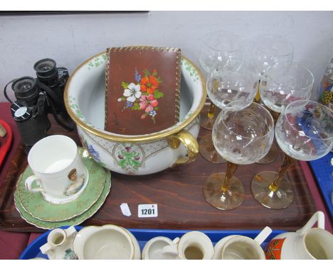 Autograph Album, to include Brian Johnston, Frank Lawton, Margaret Barry. Observer binoculars, six hock glasses, Adderley 'Mo