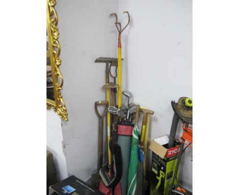 Spalding Golf Clubs, in bag, garden tools, folding steps.