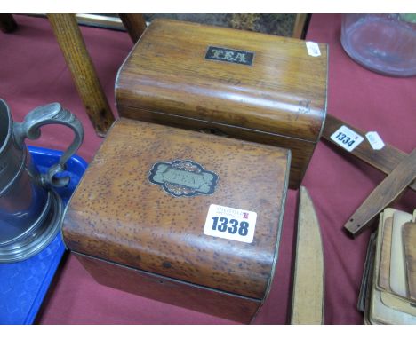 A XIX Century Burr Wood Dome Topped Tea Caddy, 14cm wide, a similar larger one in mahogany.