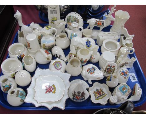 Crested China - Willow Art Ruskin memorial, Carlton stag, Coronet cat, Florentine harp, Wilton Welsh hat, Carlton Douglas Cas