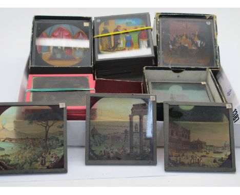 Five Sets of Twelve Victorian Magic Lantern Slides, titles include "Discovery of America by Colombus", "Scenes From Pickwick"